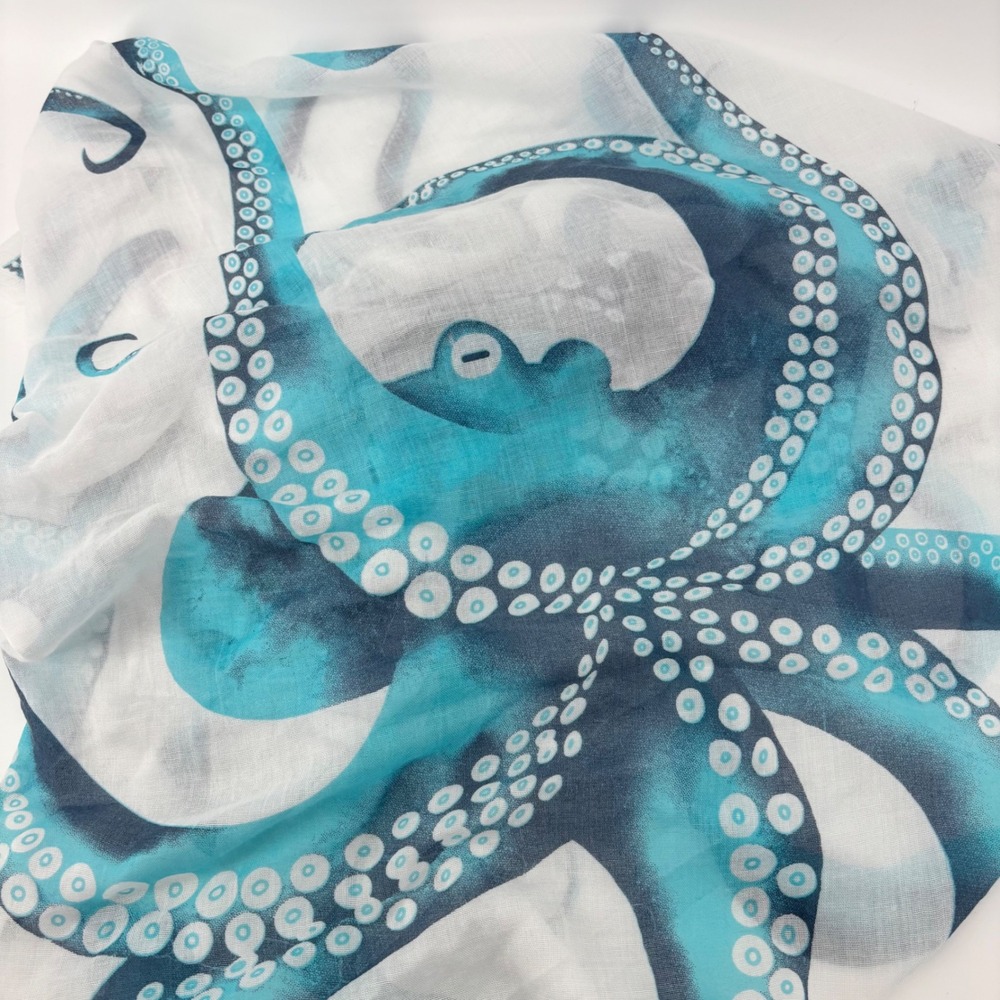 JC Sunny Just Classic Blue Octopus Print 100% Cotton Scarf Frayed Edge 28x70 - Picture 2 of 7